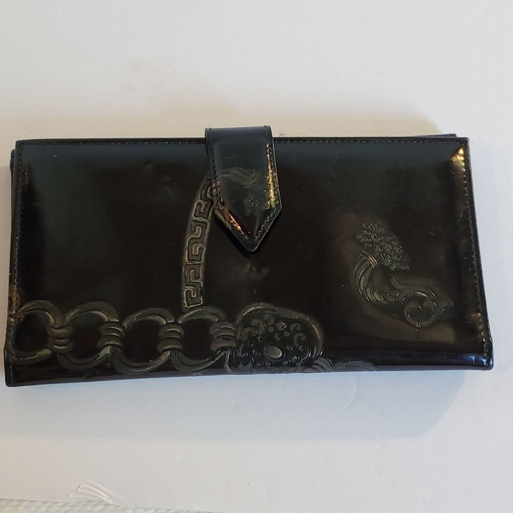 Vintage Italian Leather Wallet with Chain Rope Black Flowers and Balls Design